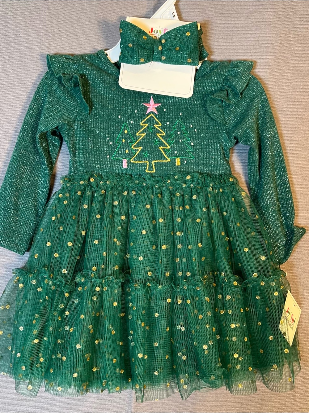 Joyful Moments Sparkle Green Holiday Dress with Embroidered Tree & Tulle Skirt